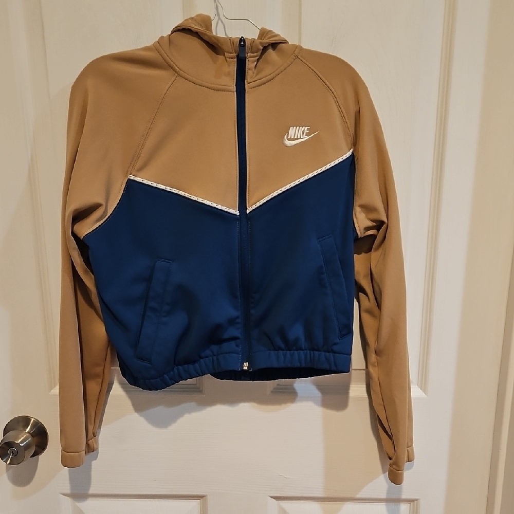 Nike Tan and Blue Bomber Jacket Sporty Retro Style